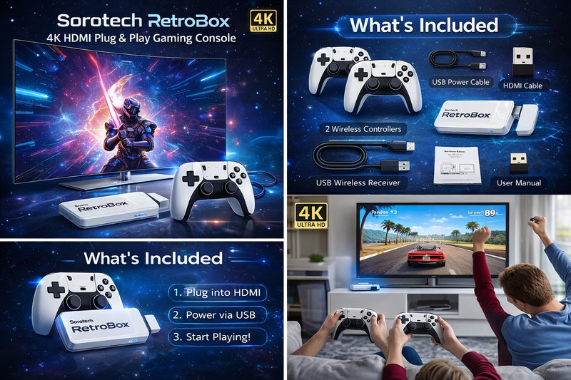 Sorotech RetroBox M15 4K Gaming Console Plug & Play, HDMI, Wireless Controllers gallery
