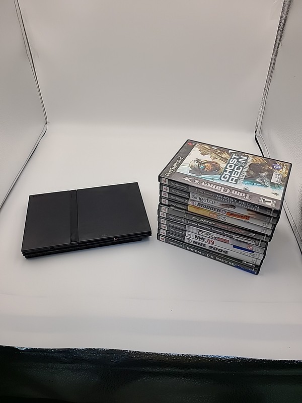 Sony PlayStation 2 Slim Console – Black Tested Working W/ 10 Games No Chords