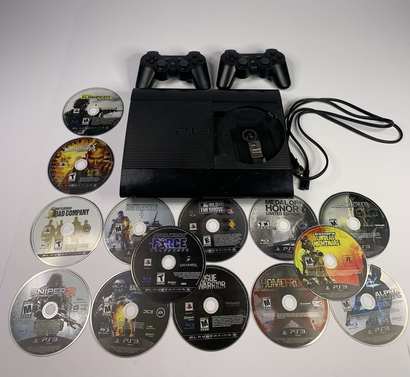 Sony PlayStation 3 Super Slim CECH-4201A 2 Controllers 14 Games Tested And Works