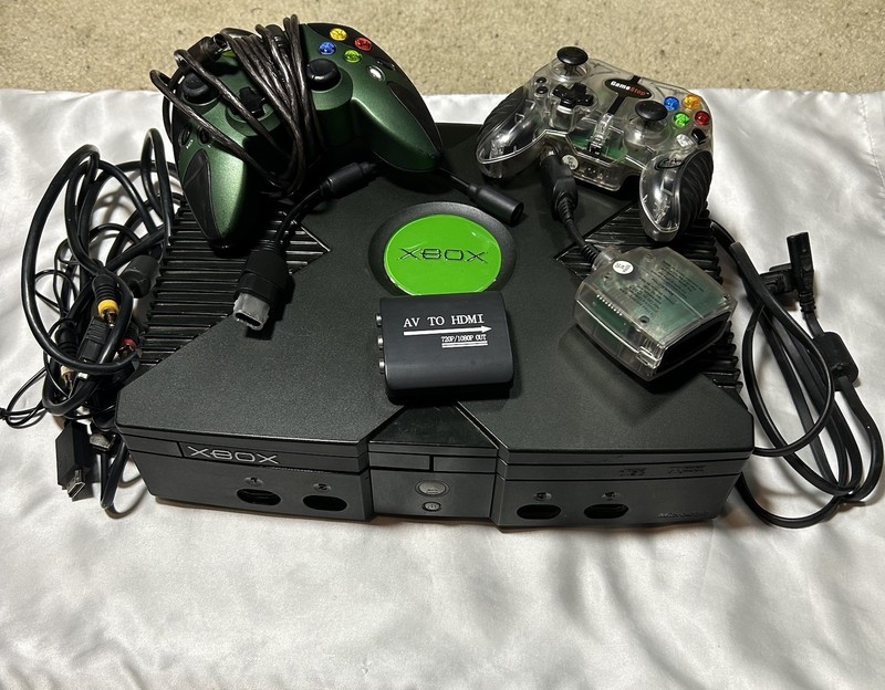 Original Xbox W/Controllers, Cords, Games, & AV to HDMI Console Tested & Working