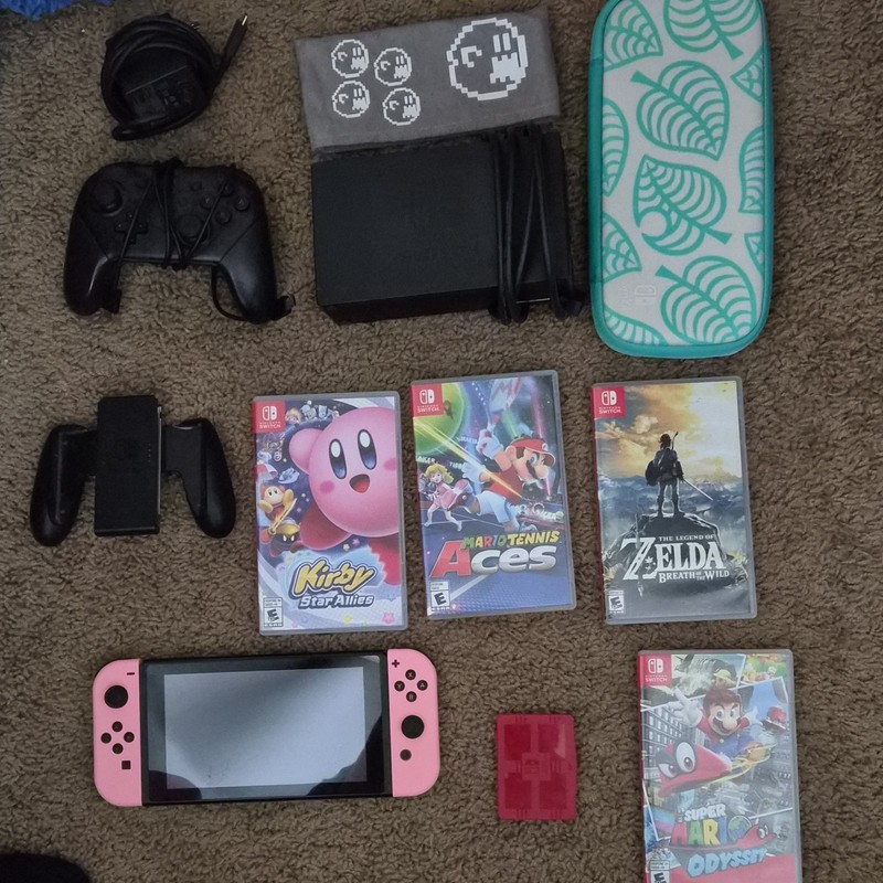 Nintendo Switch Console + SD card Black/Pink Joy-Cons with Games & Accessories