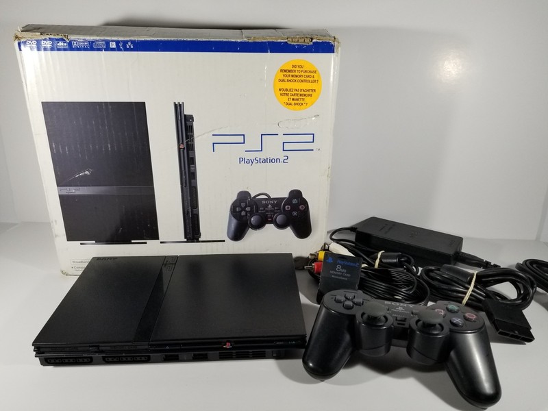 ¤ Sony PlayStation 2 Slim Black SCPH-75001 Console ¤ PS2 In OEM Box All Wires
