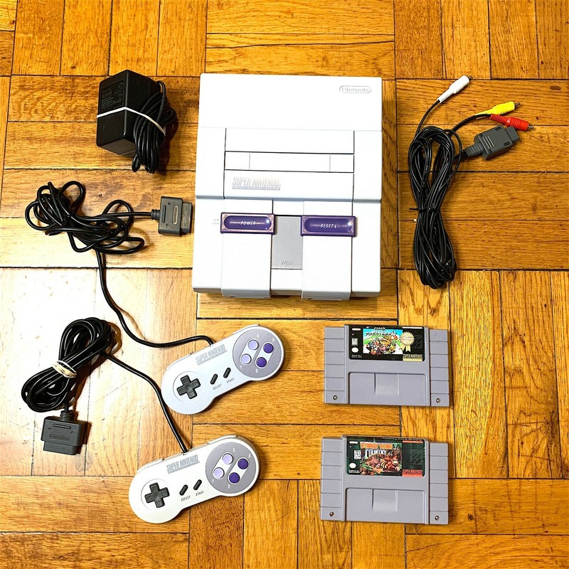 Super Nintendo SNES Console w/ OEM Controllers + w/ Mario Kart & Donkey Kong