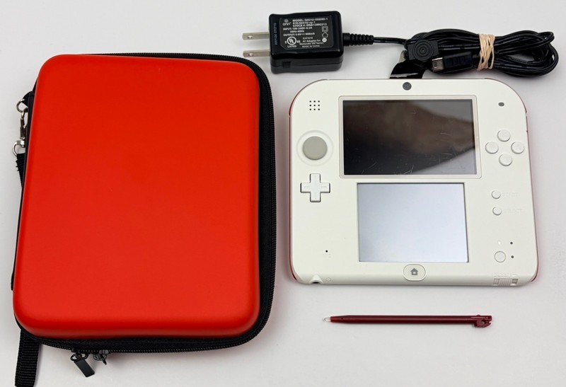 Nintendo 2DS White & Red Handheld FTR-001 w/ Charger, Case, & Stylus