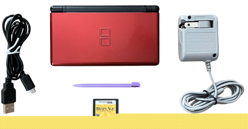 Nintendo DS Lite Crimson Red Black Bundle Charger Stylus Brain Age Tested